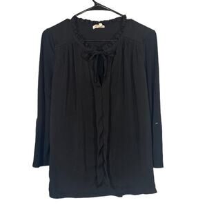 Meadow Rue Black Ruffle Tie Neck Blouse Women Layered Long Sleeve Top Sz S
